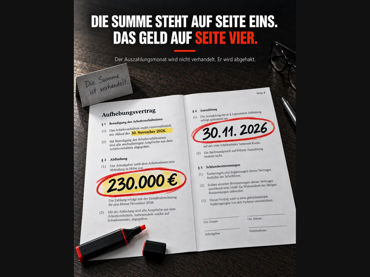 Ein aufgeschlagener Aufhebungsvertrag auf einem dunklen Schreibtisch. Auf Seite eins ist die Abfindungssumme rot umkringelt, auf Seite vier das Auszahlungsdatum. Dar&uuml;ber die Zeile: Die Summe steht auf Seite eins. Das Geld auf Seite vier.