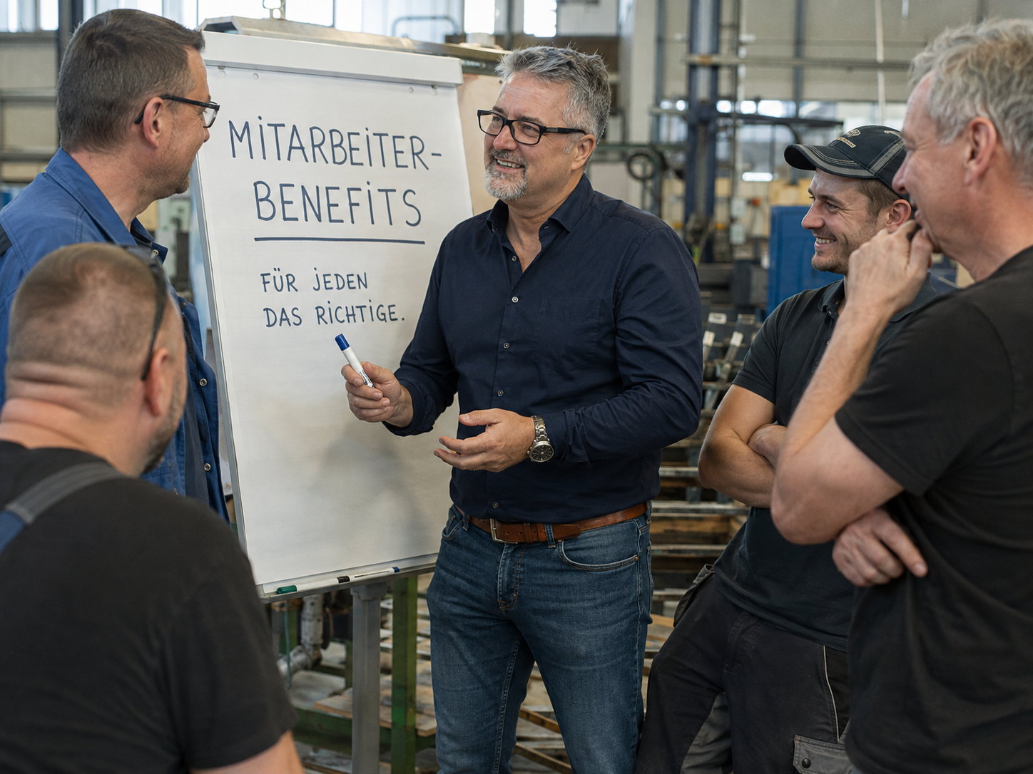 Markus Feistle erkl&auml;rt einem Team im Betrieb die Mitarbeiter-Benefits