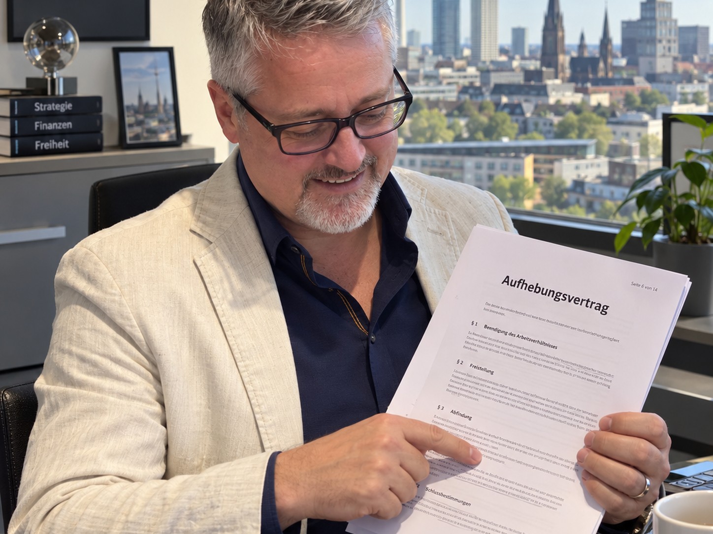 Markus Feistle am Schreibtisch, in der Hand ein aufgeschlagener Aufhebungsvertrag, Seite 6 von 14, mit den Paragrafen Beendigung des Arbeitsverh&auml;ltnisses, Freistellung und Abfindung. Im Fenster dahinter die Skyline der Stadt.