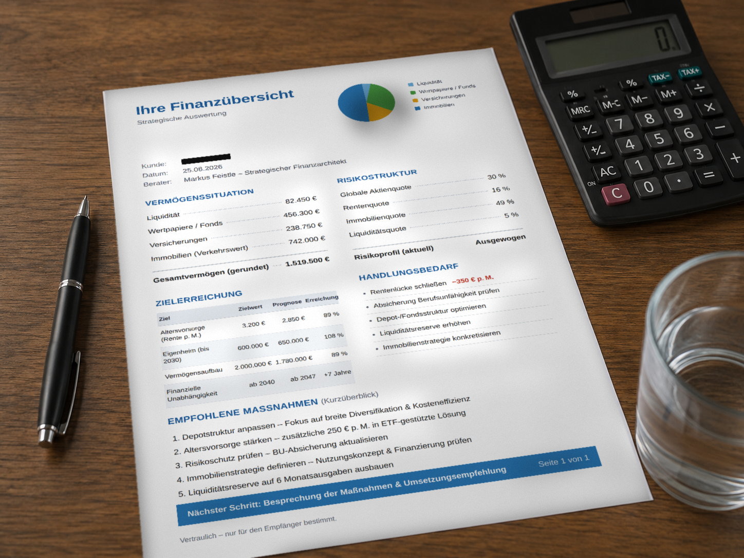 Beispiel einer Finanz&uuml;bersicht auf einer Seite, daneben Stift und Taschenrechner