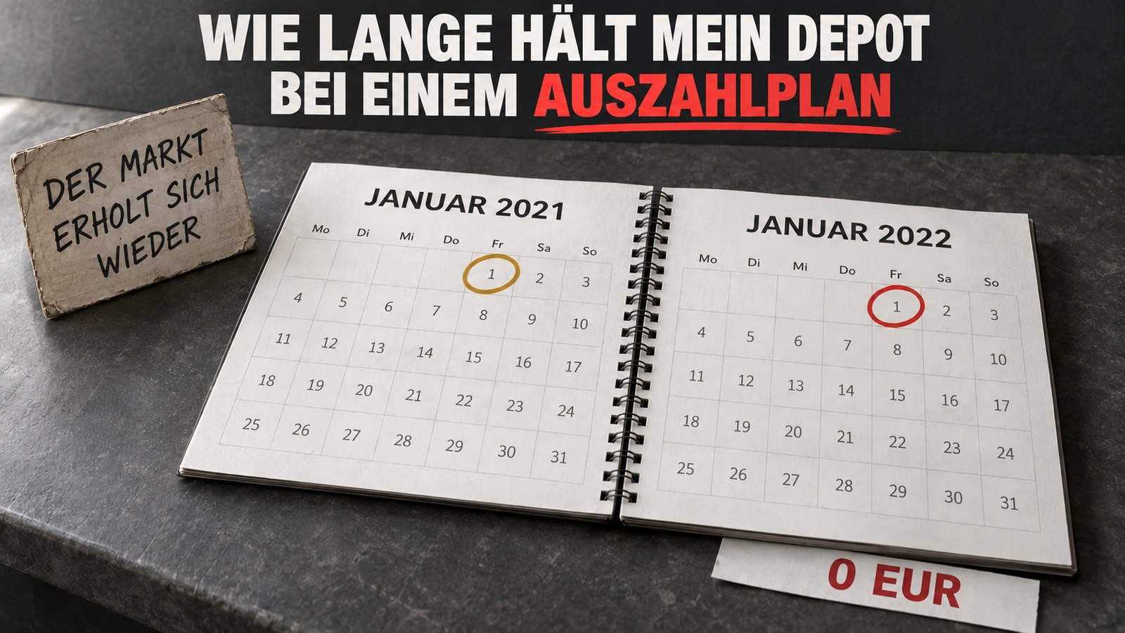 Aufgeschlagener Tischkalender mit den Monatsbl&auml;ttern Januar 2021 und Januar 2022, der erste Tag jeweils markiert, daneben ein Schild mit der Aufschrift &bdquo;Der Markt erholt sich wieder&ldquo; und ein Zettel mit der Zahl 0 Euro &ndash; Startzeitpunkt eines Auszahlplans