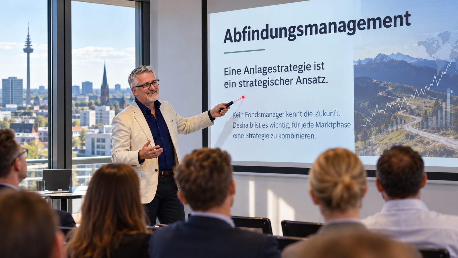 Anlageseminar: Markus Feistle zeigt mit dem Laserpointer auf die Folie &bdquo;Abfindungsmanagement&ldquo; mit dem Satz, kein Fondsmanager kenne die Zukunft, deshalb sei f&uuml;r jede Marktphase eine Strategie zu kombinieren; Zuh&ouml;rer von hinten, dahinter die Stadt