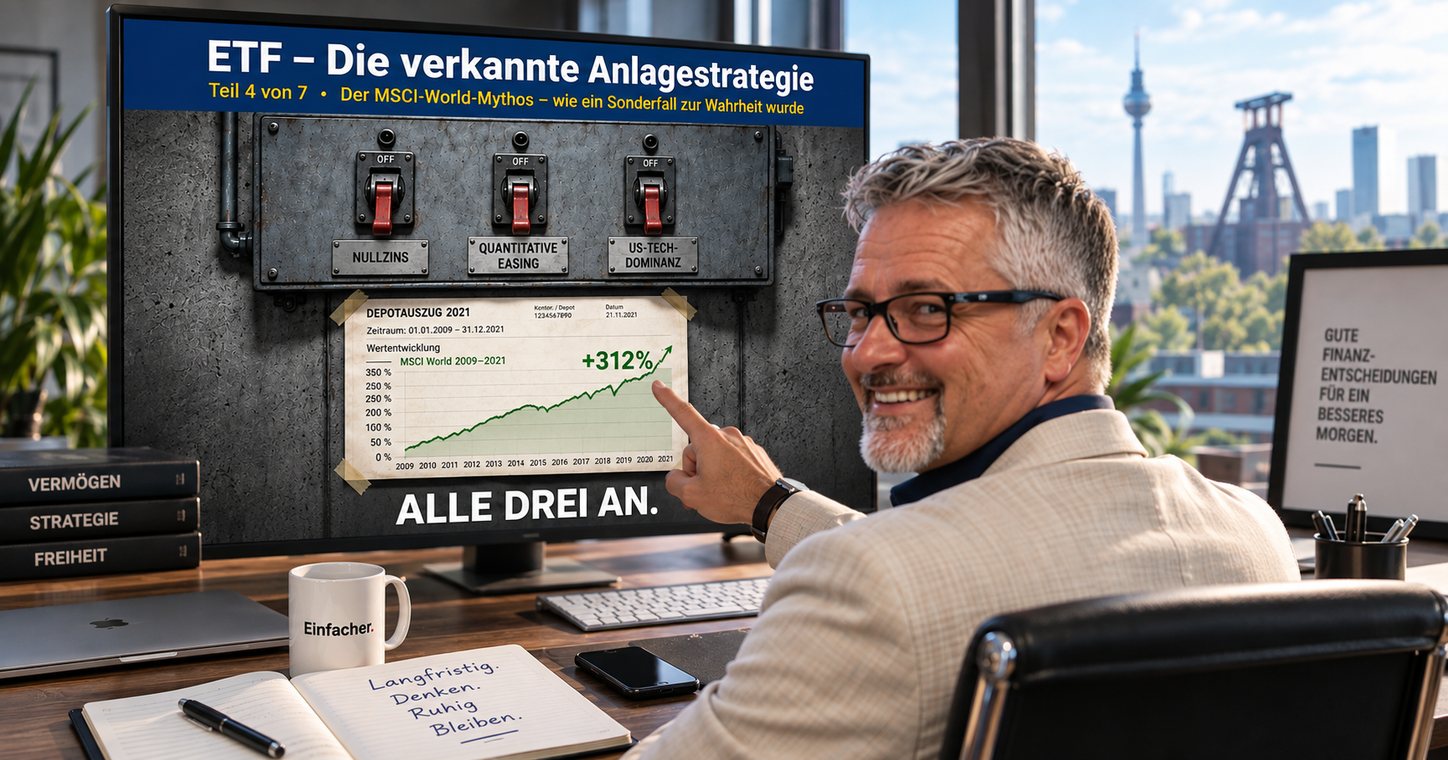 Markus Feistle am Schreibtisch zeigt auf einen Bildschirm: drei Kippschalter mit den Aufschriften Nullzins, Quantitative Easing und US-Tech-Dominanz stehen auf OFF, darunter ein Depotauszug mit der Wertentwicklung des MSCI World von 2009 bis 2021 und dem Schriftzug Alle drei an
