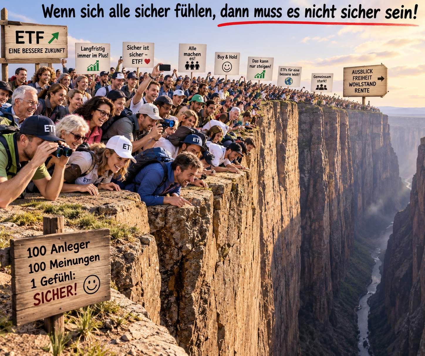 Eine dichte Menschenmenge mit ETF-M&uuml;tzen und Schildern wie &bdquo;Alle machen es!&ldquo;, &bdquo;Buy & Hold&ldquo; und &bdquo;Sicher ist sicher &ndash; ETF!&ldquo; dr&auml;ngt sich lachend an die Kante einer steilen Schlucht. Dar&uuml;ber die Zeile &bdquo;Wenn sich alle sicher f&uuml;hlen, dann muss es nicht sicher sein!&ldquo;, unten ein Holzschild: 100 Anleger, 100 Meinungen, 1 Gef&uuml;hl: SICHER!