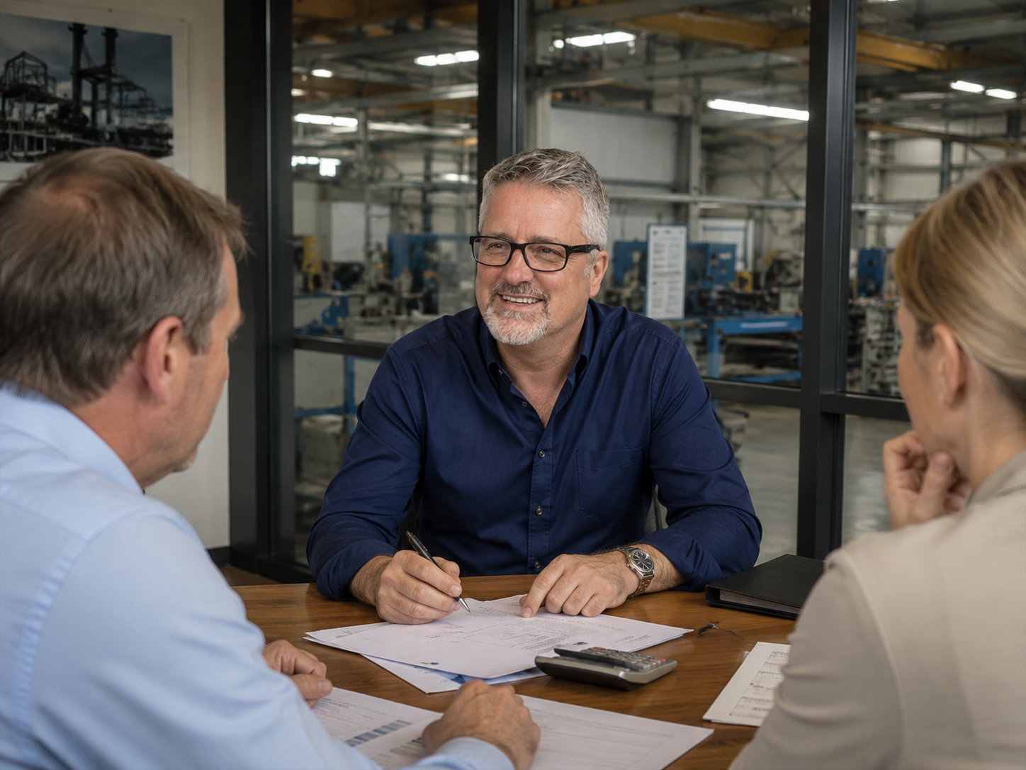 Markus Feistle im Gespr&auml;ch mit einem Unternehmerpaar im Betrieb