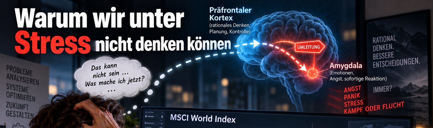 Ein Mann greift sich am Schreibtisch an den Kopf; dar&uuml;ber zeigt ein Gehirnmodell, wie der Weg vom pr&auml;frontalen Kortex &uuml;ber eine Umleitung zur Amygdala f&uuml;hrt, daneben die Worte Angst, Panik, Stress, Kampf oder Flucht